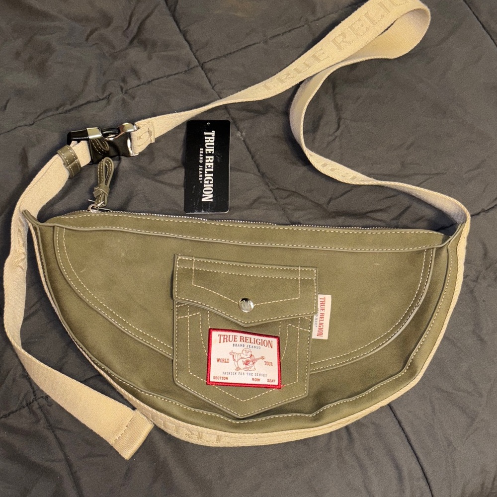 True Religion olive colored Belt Bag with Beige Strap